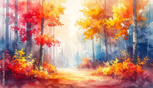 Watercolor Autumn Forest with Sunlit Path Symbolizing Seasonal Change and Editorial Styling for Nature and Lifestyle Use