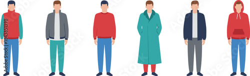 Winter casual people characters wearing jackets and coats, flat vector illustration set for fashion, lifestyle, and seasonal design