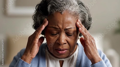 Elderly Woman Experiencing Headache and Stress Symptoms in Indoor Setting
