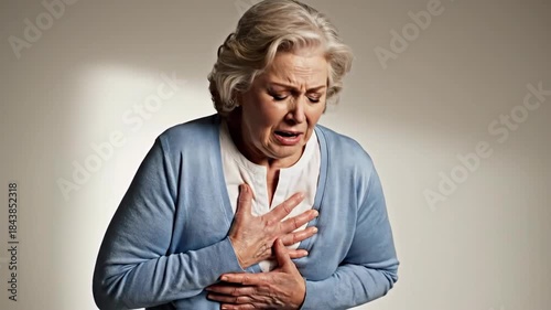 Elderly Woman Experiencing Heart Pain During Sudden Chest Discomfort in Indoor Setting