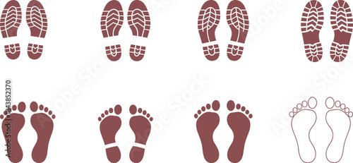 Brown shoe print and footprint icon set, walking steps silhouettes with tread patterns, human feet symbols for tracking path direction vector design