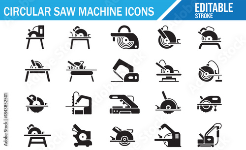 Solid Icon Set of Circular Saw Machines with Editable Stroke.