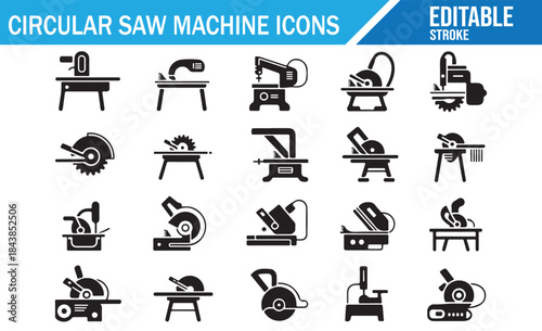 Set of Circular Saw Machine Solid Icons, Editable Stroke, Table Saw, Miter Saw, Portable Cutter, Woodworking Tools, Workshop Equipment, Vector Illustration.