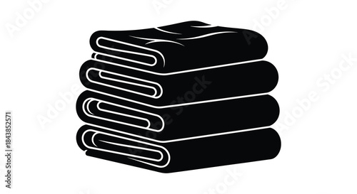 A neatly folded stack of dark towels presented against a white background silhouette