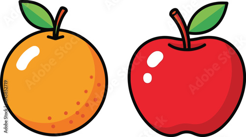 A vibrant illustration depicting a bright orange and a crisp red apple with green leaves