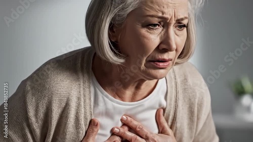 Elderly Woman Experiencing Heart Pain or Discomfort During Health Crisis