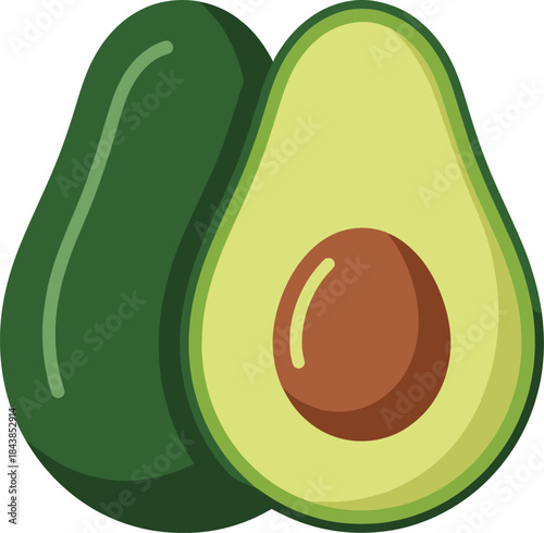 A vibrant illustration depicts two avocados one whole and one halved revealing its pit