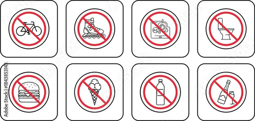 Prohibition icons set, forbidden symbols collection showing no bicycle food drink camera toilet signs, safety restriction vector illustration isolated background