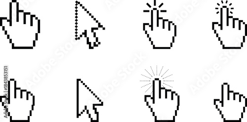 Pixel cursor hand icon set, clicking pointer symbols for user interface design, retro computer mouse click vectors isolated white background