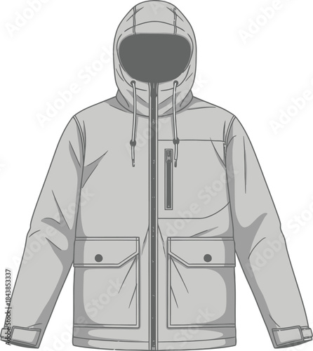 Detailed fashion sketch of a grey hooded jacket with front pockets and zipper closure