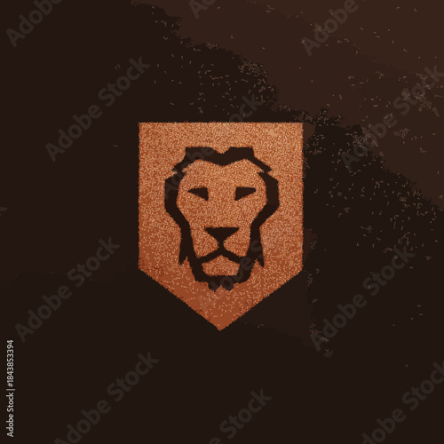 Stylized lion head emblem in a rustic shield shape, representing strength, courage, and power with a vintage aesthetic