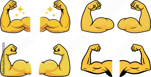 Strong muscular arm illustration set, flexed biceps cartoon icons, power strength fitness bodybuilding concept vector isolated on white background