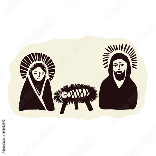 Hand drawn biblical holy family nativity characters Mary, Joseph and the baby Jesus christ child in crib. Isolated vector icon for christmas bible study character banner card