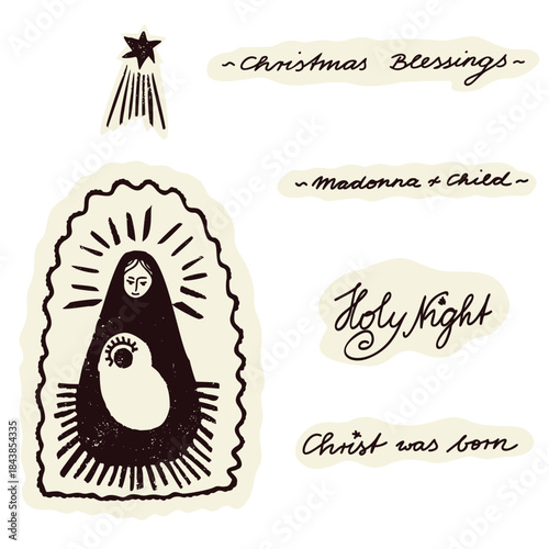 Madonna and child handmade linocut blockprint style christmas card design. Black and white isolated vector for christian catholic religious sentiments holy night season cards.