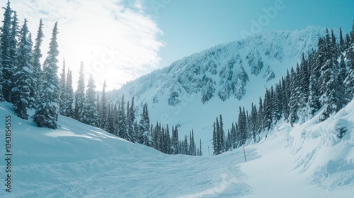 Majestic Snow-Covered Mountain Slope with Evergreen Forest and Bright Sunlight