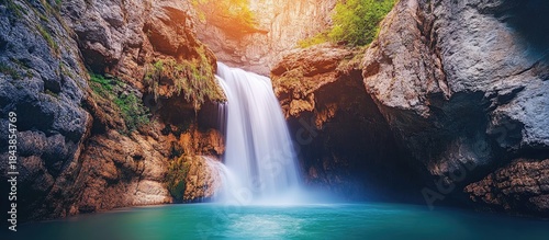 Majestic Waterfall Cascading into Turquoise Pool, Dramatic Landscape Scene.