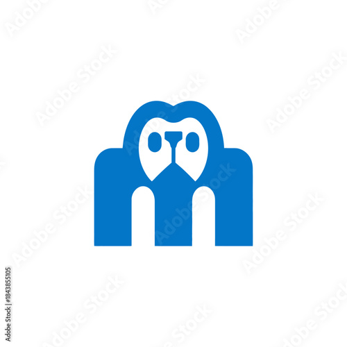 Minimal blue monkey face logo icon concept, modern geometric abstract ape primate graphic design with letter M initial symbol