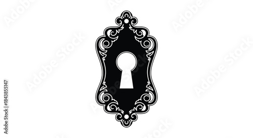 An ornate decorative frame with a keyhole opening presented in a striking black silhouette