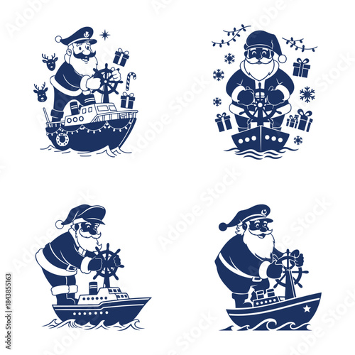 Four Santa Claus Cruise captain steering ship wheel set graphic design