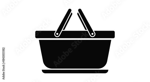 A simple black and white depiction of a classic picnic basket with handles silhouette
