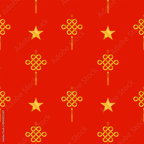 Chinese, Lunar new year seamless pattern.Gold Chinese knot and stars repeat pattern isolated on red background.Spring Festival background.Lucky charms pattern vector graphic illustration wallpaper.