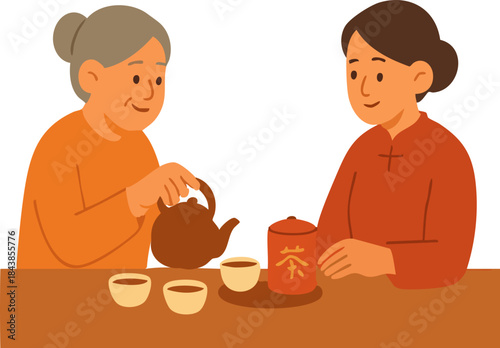 A warm flat illustration depicts an elderly woman pouring tea for a younger woman during a traditional Lunar New Year tea ritual.