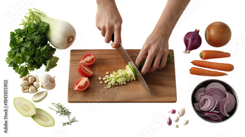 Hands Chopping Fresh Zucchini and Vegetables on Cutting Board, Isolated on Transparent Background