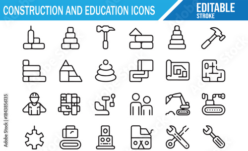 Editable Stroke Icons: Construction Tools and Educational Toys.