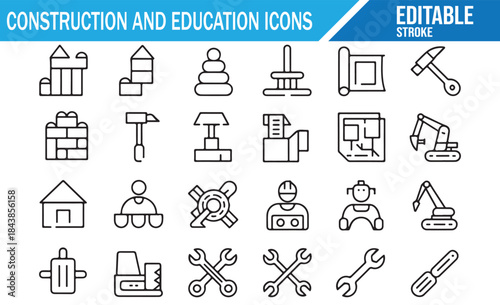 Vector Icons for Building and Education, Outline Style.