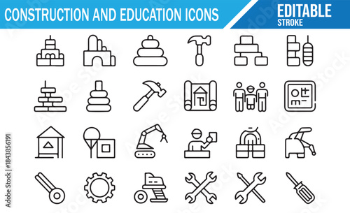 Construction and Learning Line Icon Set, Editable Stroke.