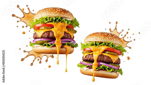 A grilled, isolated fast food sandwich meal featuring various unhealthy hot dogs with mustard and ketchup on white buns, but no burger or salad isolated on transparent background