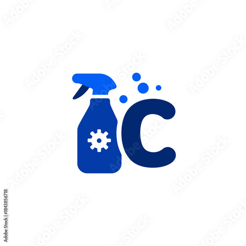 Professional Cleaning Service Logo Icon with Spray Bottle, Gear Symbol, Bubbles, and Initial C Letter Vector Illustration