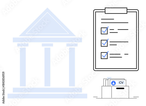 Recruitment process. Recruitment with an institution icon, a checklist candidate selection, and CV storage as part of the hiring system. For HR, hiring managers, job portals, employment platforms