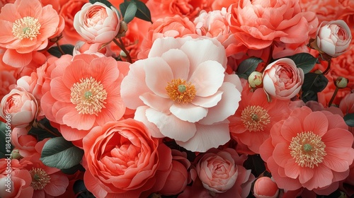 Coral and white flower arrangement, close-up, studio shot, floral background, wedding decor