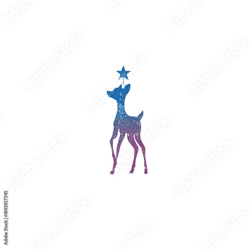 Dreamy fawn silhouette with celestial galaxy texture and a guiding star, mystical deer vector illustration on white background