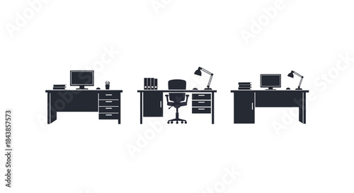 Minimalist illustration of office desk silhouettes set, Symbolizing preparation and focus, flat vector design illustration.