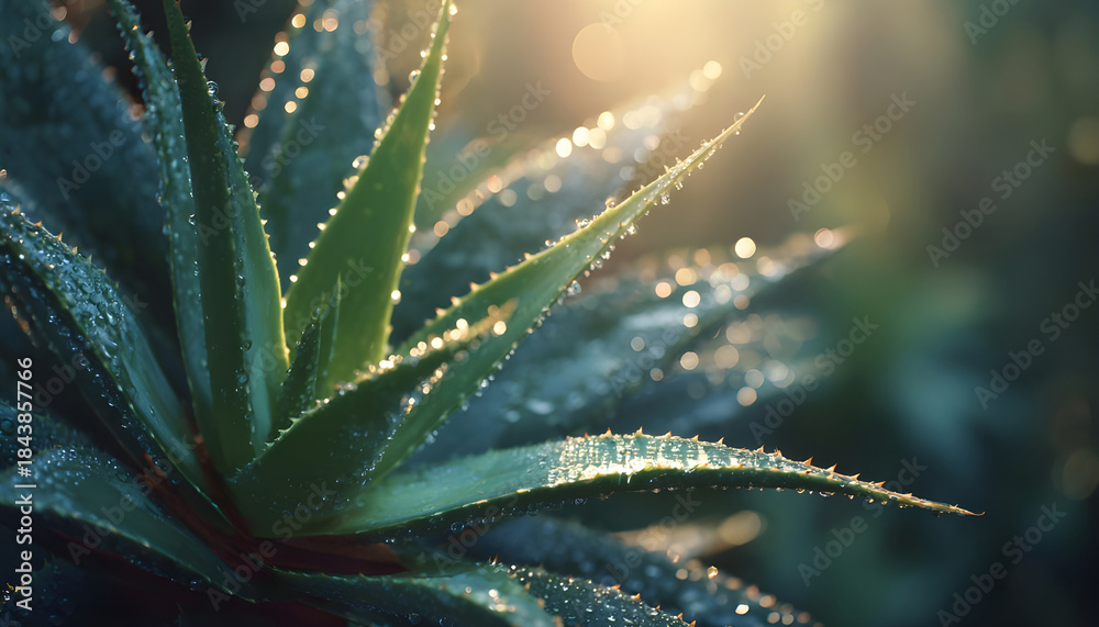 Fototapeta premium A closeup of a green aloe vera plant with water droplets on its leaves. The plant is illuminated by a soft, warm light source, creating a serene and tranquil atmosphere