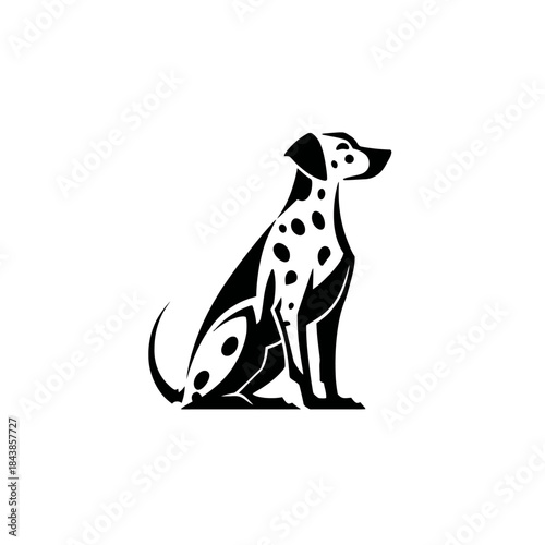 Stylized black and white Dalmatian dog illustration. Cute spotted canine pet sitting in profile, vector graphic design.
