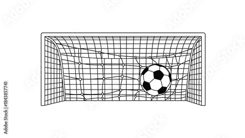 A 3D illustration of a soccer ball in the net after a competitive goal in a championship match