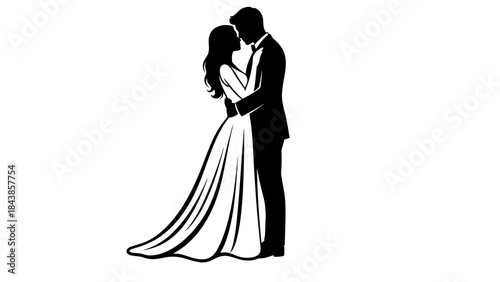 Silhouette of a loving bride and groom couple dancing in their wedding dress and gown