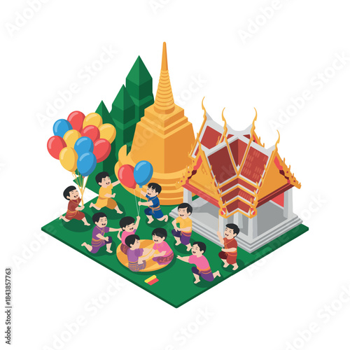 vector illustration of a buddhist temple in thailand Isometric icons