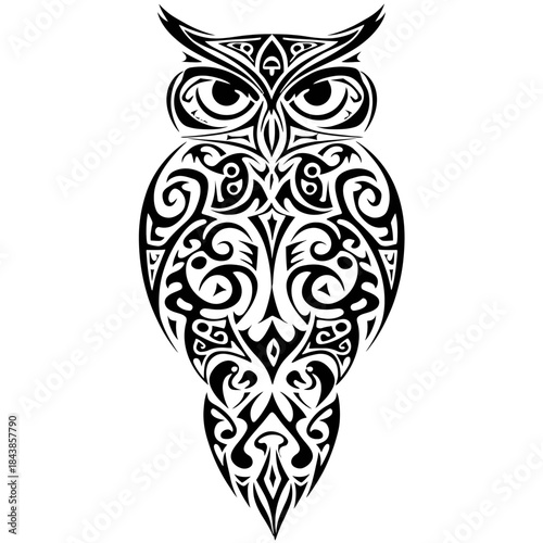 Stylized tribal owl vector illustration. Majestic bird of prey with intricate black patterns, perfect for tattoo design or graphic art.