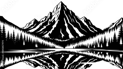 Mountain lake reflection : A striking monochrome image captures the majestic beauty of towering mountains reflected in a serene lake. Lush forests frame the scene, creating a sense of natural harmony.
