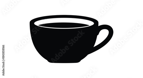 A simple black and white illustration of a full coffee cup presented as a silhouette