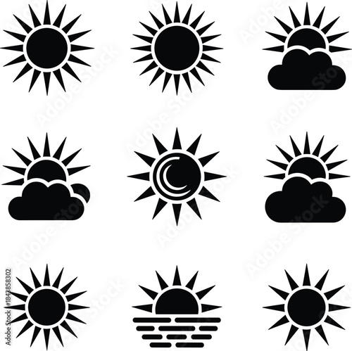 A comprehensive collection of black and white minimalist sun and weather icons