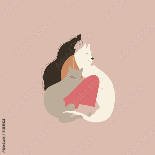 Woman Cuddling with Dog and Cat Illustration. Cozy Pet Companionship, Affection, and Love. Minimalist Vector Art.