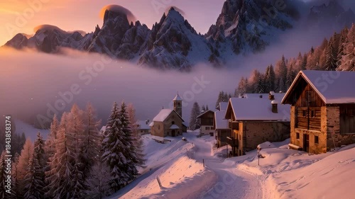 Composite image showing a winter day progression in a remote alpine village. A snowy mountain landscape with rustic cabins and a church from clear skies to a foggy sunset