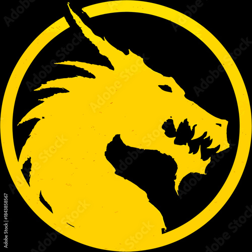 Vibrant yellow aggressive dragon head silhouette in circular frame on black background, powerful mythical beast graphic.