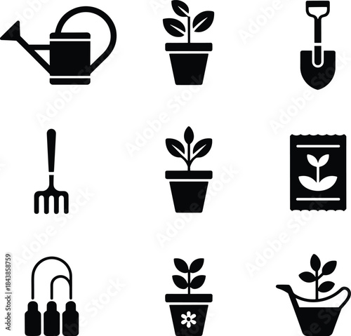 Black and white set of icons representing various gardening tools and plant growing elements