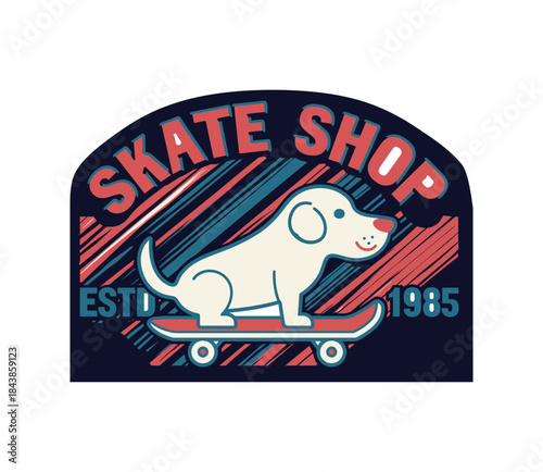 Cartoon dog riding skateboard with skate shop text and 1985 date T-shirt typography vector.